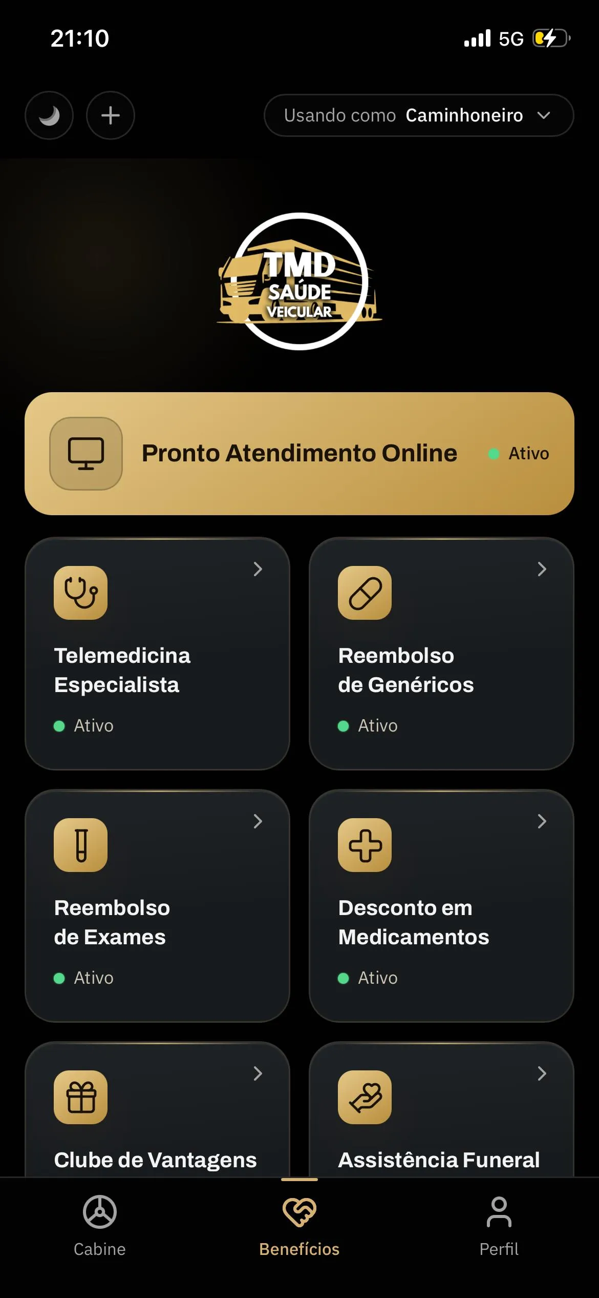Tela do aplicativo TMD com todos os benefícios ativos numa lista só
